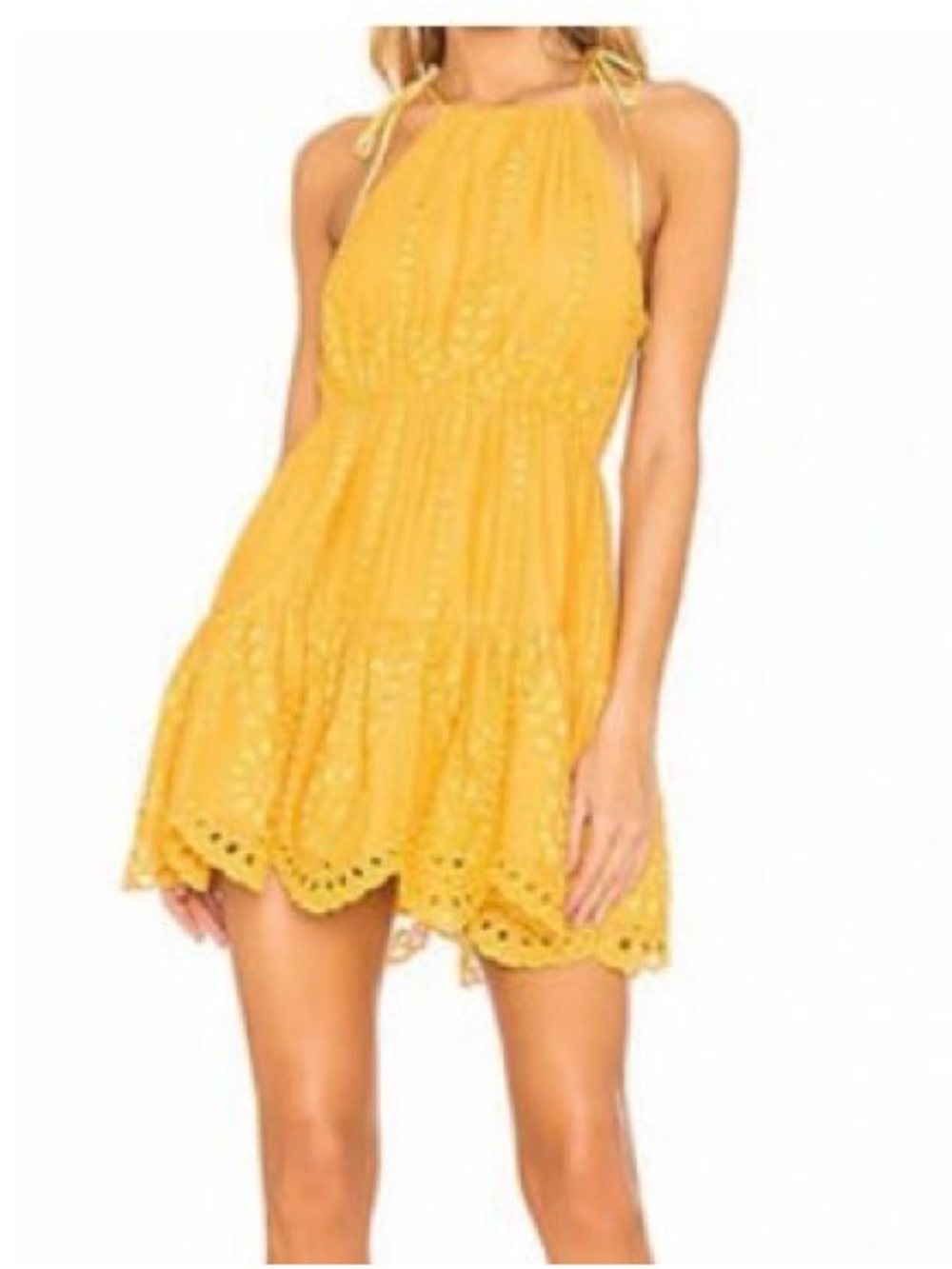 Lovers + Friends Yellow Eyelet Halter Dress